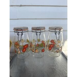 Arc France Vintage Spice of Life Vegetable Glass Hinged Lid 1.5L Canisters Set 3